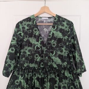 GANNI | Green Floral Organic Cotton Midi Dress | Size 40